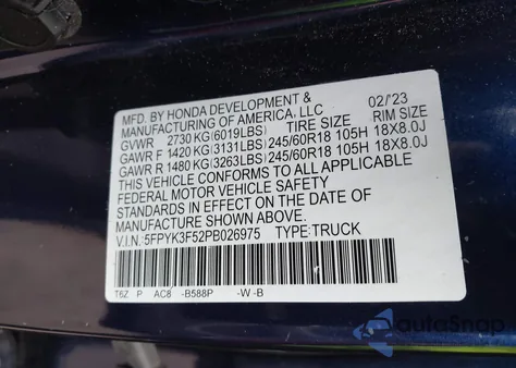 2023 Honda Ridgeline Rtl from USA, damaged, VIN 5FPYK3F52PB026975